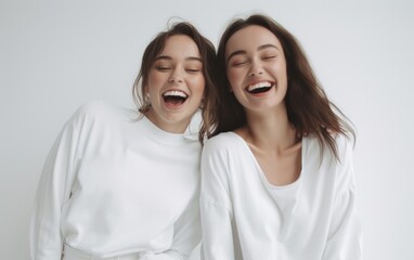 Girls having fun together in a white studio