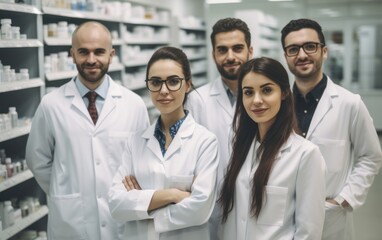 Fototapeta na wymiar Group of pharmacists standing together in a chemist