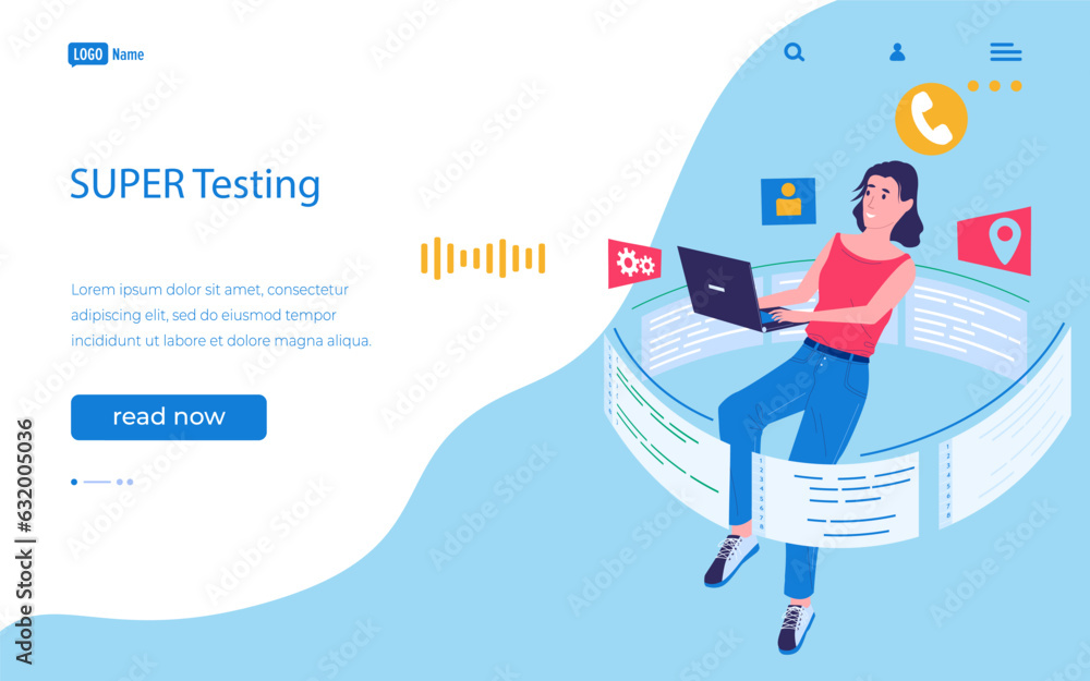 Leinwandbilder Computer testing. Landing page. Software development tester. Website design. Program optimization. Application programming. Woman working at laptop. Coding project. Vector web banner
