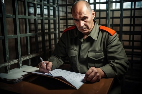 A prison guard guards prisoners in the cells of a maximum security prison. The warden in the prison will do his job.