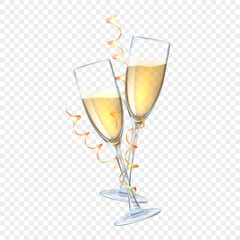 Cheers. Champagne glasses toast. Glass wine, celebration of new year or christmas, happy wedding, party and birthday, gold ribbon, white wine. Vector illustration isolated on transparent background - obrazy, fototapety, plakaty