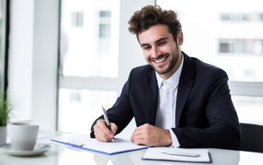 Smiling businessman writing notes during a phone call in white room