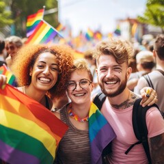 Gay people smiling at pride parade with LGBT flags