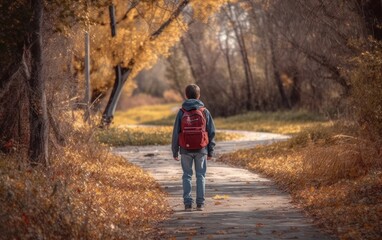 Fototapeta premium Teenager boy with backpack walking on path in autumn park, rear view