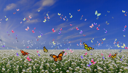 Beautiful flying butterflies in white flower field, AI generated