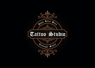 Fototapeta na wymiar Vintage frame logo. Antique label. Suitable for tattoo studio, barber shop, whiskey label, wine, beer, brewing, salon, shop, signage.