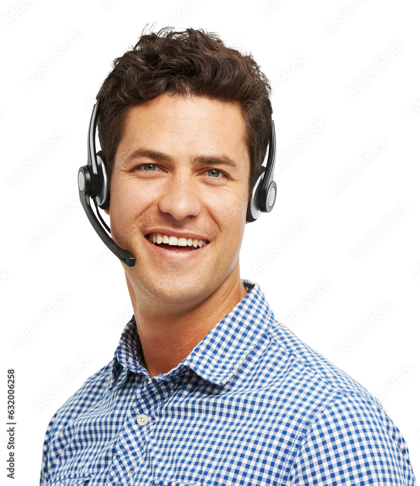 Poster portrait, telemarketing and man with headphones, call center and agent isolated on a transparent bac