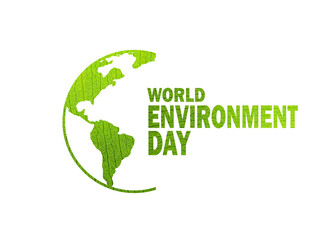 World Environment Day concept with green leaves on white background. Happy Environment day, 05 June. World map with Environment day text.  illustration.