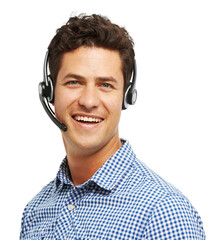 Portrait, telemarketing and man with headphones, call center and agent isolated on a transparent background. Face, employee and consultant with a headset, smile and tech support with png and advice
