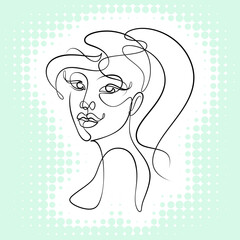 International Women's Day minimal design line drawing style. Portrait of young woman beauty face isolated on green halftone background. Vector for Spa, fashion, hairdressing and beautiful artwork.
