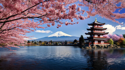 A landscape shot of a pagoda capturing mount fuji and japan's skyline in the background and cherry blossom