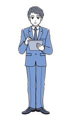 タッチペンでタブレットにメモするスーツの若い男性（全身・シンプル）
