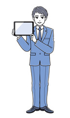 タブレットを見せるスーツの若い男性（全身・シンプル）