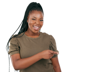 Pointing, presentation and deal with portrait of black woman on png for offer, news and show. Happy, promotion and announcement with person isolated on transparent background for information