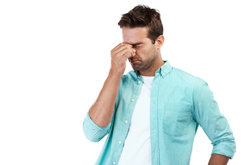 Dizzy, fatigue or man with headache stress, brain fog or burnout isolated on transparent png...