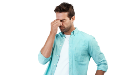 Dizzy, fatigue or man with headache stress, brain fog or burnout isolated on transparent png background. Exhausted, face or tired person frustrated or worried by head pain, anxiety or migraine crisis