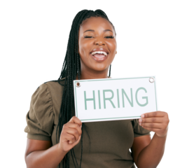 Hiring sign, portrait or happy black woman with recruitment banner for startup small business owner. Job opportunity, recruiting billboard or African person advertising on transparent, png background
