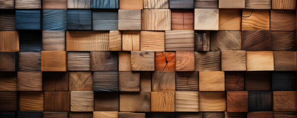 Mosaic from wooden panels. 3D wallpaper tiles with wood, bars. Square, soft shiny wall background with tiles.
