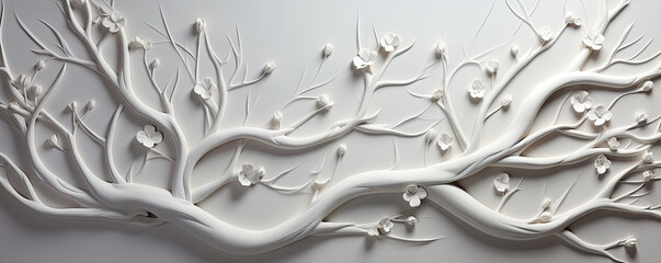 Abstract 3d white geometric background wallpaper, panels. White stucco tree branches - obrazy, fototapety, plakaty