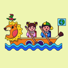Fototapeta premium Cute boy and girl are sailing in a boat to school. children on the ship. Isolated people education icon concept Premium Vector. flat cartoon style