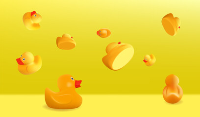 3d realistic rubber ducks in yellow room. Background with falling rubber ducks