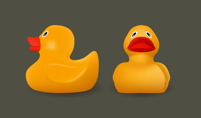 Yellow rubber ducks full face and profile. 3D realistic vector objects © Arndale