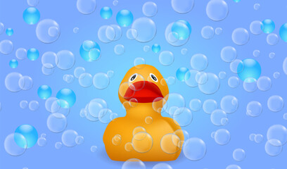 Summer vacation poster with 3d objects. Inflatable rubber duck in the soupy foam. Vector illustration