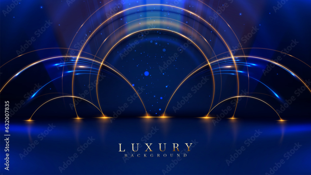 Wall mural abstract blue luxury modern art background with gold circle frame elements with empty space and glit