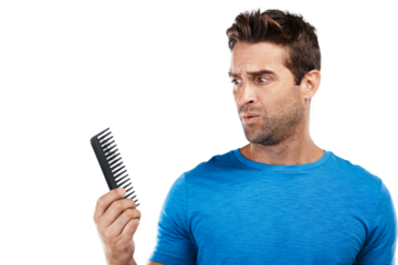 Isolated man, comb and thinking for hair loss, stress and worry for alopecia by transparent png background. Guy, shock and male pattern baldness with anxiety for ageing, cosmetics or scalp wellness