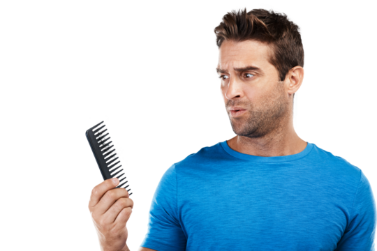Isolated man, comb and thinking for hair loss, stress and worry for alopecia by transparent png background. Guy, shock and male pattern baldness with anxiety for ageing, cosmetics or scalp wellness
