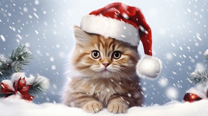 Christmas funny cat  surrounded by snowflakes