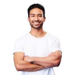 Confidence, portrait and happy man with arms crossed in casual fashion isolated on transparent png...