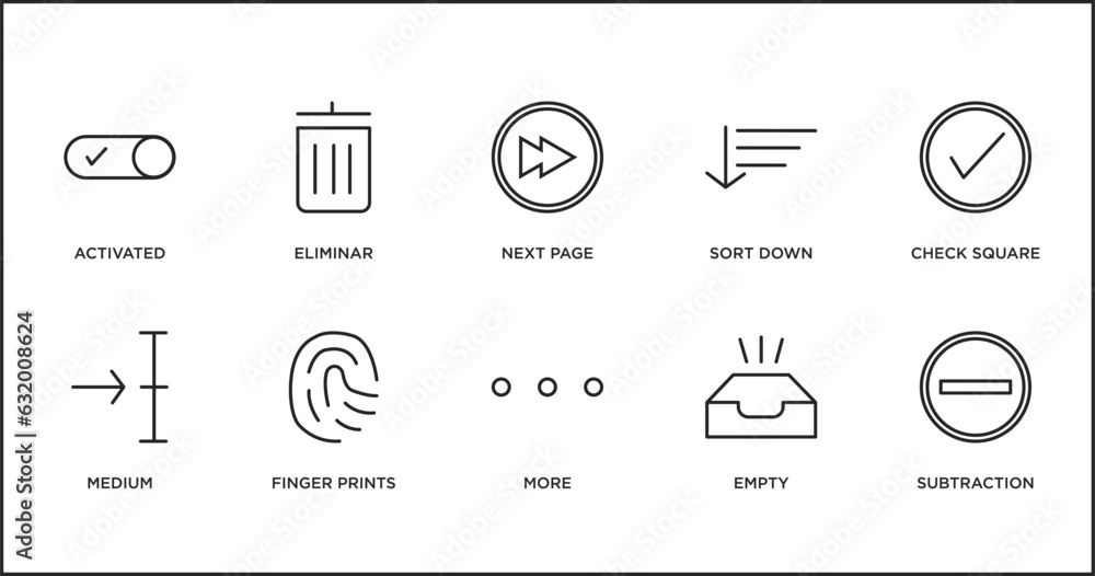 Poster user interface outline icons set. thin line icons such as next page, sort down, check square, medium