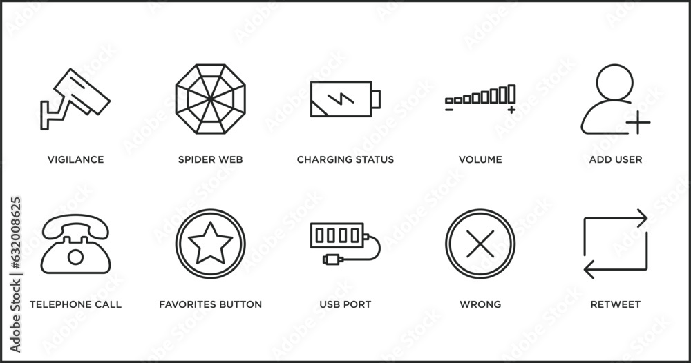 Poster user interface outline icons set. thin line icons such as charging status, volume, add user, telepho