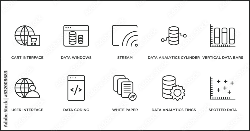 Poster user interface outline icons set. thin line icons such as stream, data analytics cylinder, vertical 