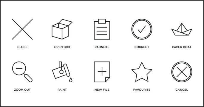 user interface outline icons set. thin line icons such as padnote, correct, paper boat, zoom out, paint, new file, favourite vector.