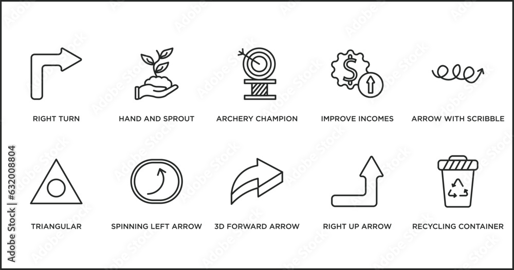 Poster user interface outline icons set. thin line icons such as archery champion, improve incomes, arrow w