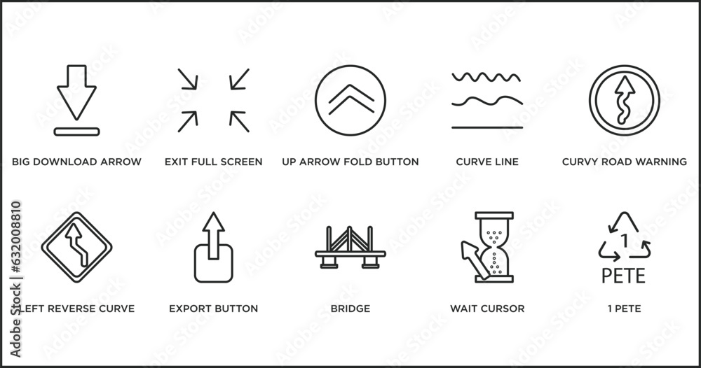 Poster user interface outline icons set. thin line icons such as up arrow fold button, curve line, curvy ro
