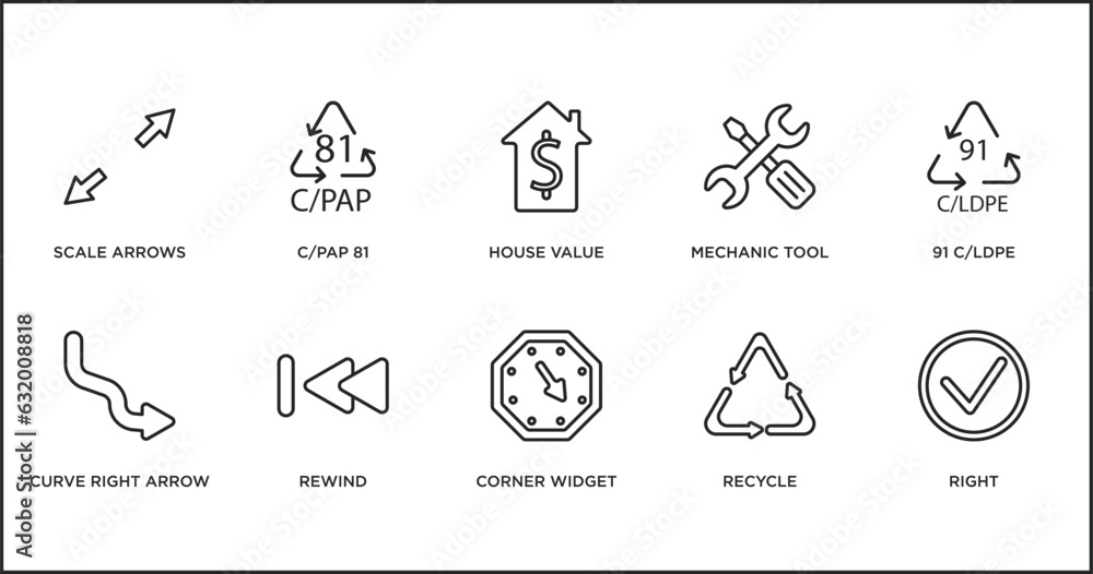 Poster user interface outline icons set. thin line icons such as house value, mechanic tool, 91 c/ldpe, cur