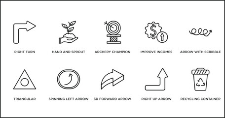 user interface outline icons set. thin line icons such as archery champion, improve incomes, arrow with scribble, triangular, spinning left arrow, 3d forward arrow, right up vector.