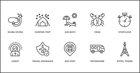 travel outline icons set. thin line icons such as sun bath, crab, stopclock, christ, travel insurance, bus stop, motorhome vector.