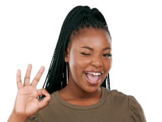 Wink, okay and smile with portrait of black woman on png for support, motivation and achievement. Yes, winner and success with person isolated on transparent background for emoji, like or good deal
