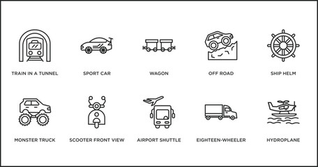 transportation outline icons set. thin line icons such as wagon, off road, ship helm, monster truck, scooter front view, airport shuttle, eighteen-wheeler vector.