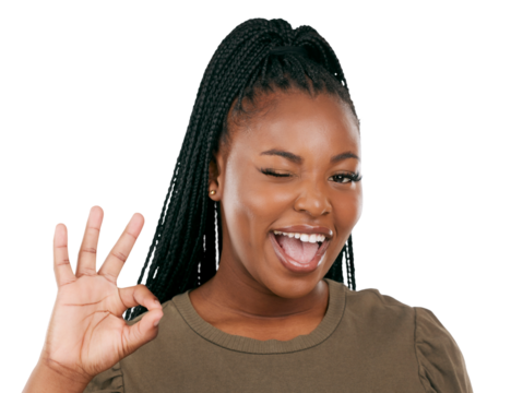Wink, okay and smile with portrait of black woman on png for support, motivation and achievement. Yes, winner and success with person isolated on transparent background for emoji, like or good deal