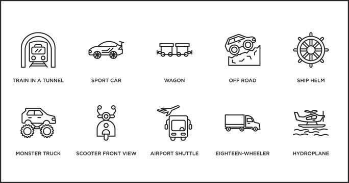 transportation outline icons set. thin line icons such as wagon, off road, ship helm, monster truck, scooter front view, airport shuttle, eighteen-wheeler vector.