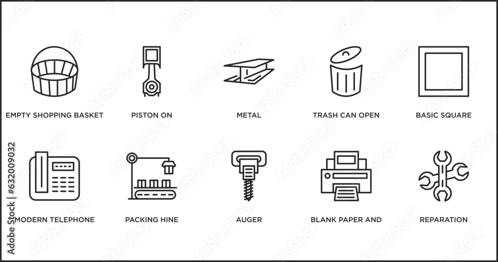 Poster tools and utensils outline icons set. thin line icons such as metal, trash can open, basic square, m