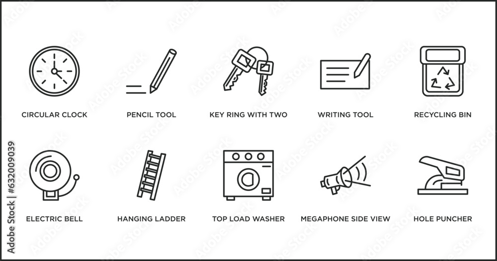 Poster tools and utensils outline icons set. thin line icons such as key ring with two keys, writing tool, 