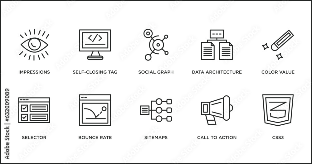Poster technology outline icons set. thin line icons such as social graph, data architecture, color value, 