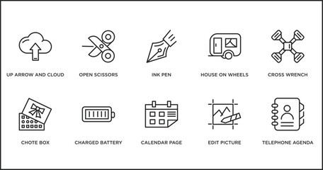 tools and utensils outline icons set. thin line icons such as ink pen, house on wheels, cross wrench, chote box, charged battery, calendar page, edit picture vector.
