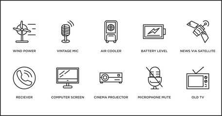 technology outline icons set. thin line icons such as air cooler, battery level, news via satellite, reciever, computer screen linux, cinema projector, microphone mute vector.